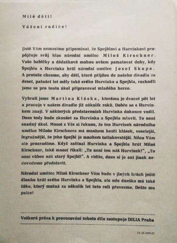 Zadn strana programu hry O fousatm Hurvnkovi, kde se pe o tom, e Martin Klsek zan s Miloem Kirschnerem pravideln alternovat